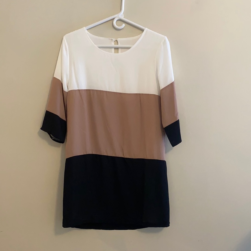 White, brown, and black color block dress